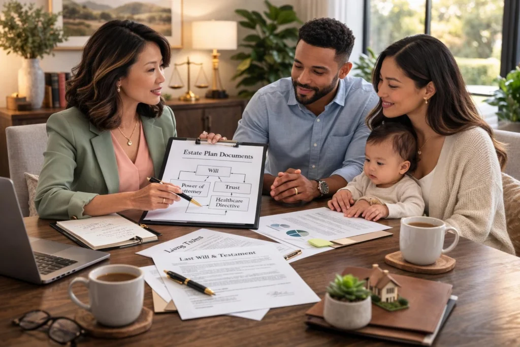 Family discussing estate planning, wills and trusts with a lawyer in Surrey
