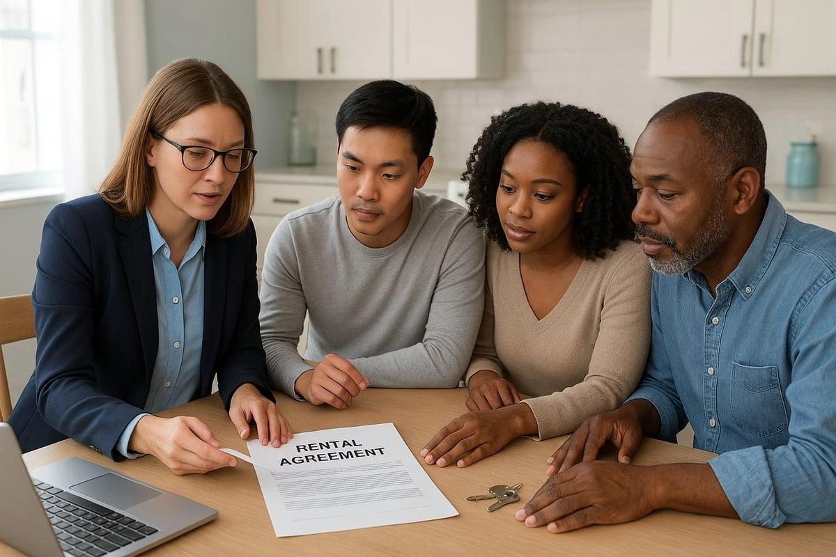 people reviewing a commercial lease agreement in an office